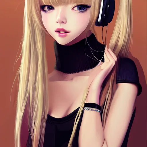 Image similar to realistic beautiful gorgeous natural cute Blackpink Lalisa Manoban blonde hair cute fur blonde cat ears, wearing camisole, wearing headphones, wearing black leather choker artwork drawn full HD 4K highest quality in artstyle by professional artists WLOP, Taejune Kim, Guweiz on Artstation Pixiv