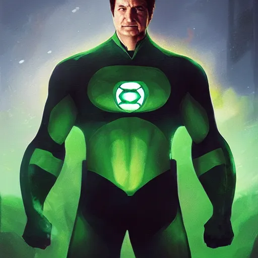 Image similar to Nathan Fillion as Green Lantern, DC art, art by greg rutkowski, matte painting, trending on artstation