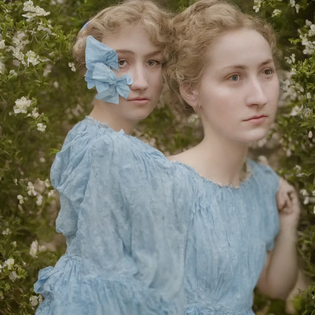 Prompt: portrait of a young lady in a light blue dress 1 9 0 0 s one entire face shown in great detail, singular person, in a beautiful garden, looking at the camera, full body in camera, blonde hair, garden, photorealistic, extreme detail, sharp focus, 8 k, intricate, hyper detailed, realistic, cinematic lighting