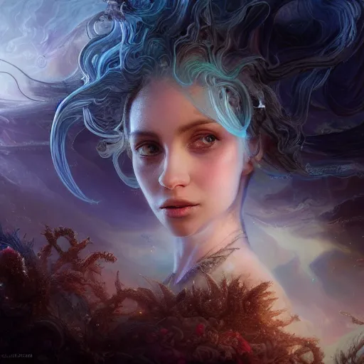 Prompt: beautiful detailed cgi matte painting female shakira of the andromeda, by ellen jewett, alessio albi | symmetrical features, ominous, alluring, vivacious, realism, intricate, ornate, royally decorated, organic, growth, whirling nebulas, glowing particles, colorful refractive adornments, torn nebulas, radiant nebula colors