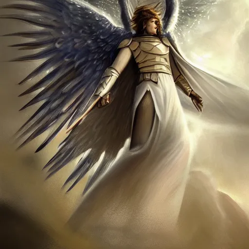 Prompt: an archangel of the high heavens with heavy armor, artstation hall of fame gallery, editors choice, #1 digital painting of all time, most beautiful image ever created, emotionally evocative, greatest art ever made, lifetime achievement magnum opus masterpiece, the most amazing breathtaking image with the deepest message ever painted, a thing of beauty beyond imagination or words, 4k, highly detailed, cinematic lighting
