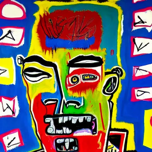 Image similar to colorful odd colors detailed abstract neo expressionism chaotic oil painting of sad boy business man depressed with tattoos by basquiat