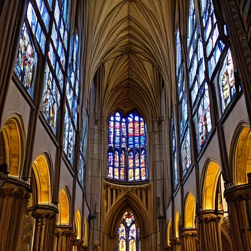 Prompt: interior of the nave of a three-aisle cathedral, with stained glass windows, tall stone arches, High definition, detailed,