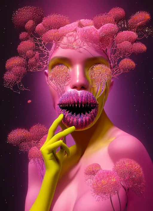 Image similar to hyper detailed 3d render like a Oil painting - Aurora (Singer) seen Eating of the Strangling network of yellowcake aerochrome and milky Fruit and Her delicate Hands hold of gossamer polyp blossoms bring iridescent fungal flowers whose spores black the foolish stars to her kawaii mouth by Jacek Yerka, Mariusz Lewandowski, Houdini algorithmic generative render, Abstract brush strokes, Masterpiece, Edward Hopper and James Gilleard, Zdzislaw Beksinski, Mark Ryden, Wolfgang Lettl, hints of Yayoi Kasuma, octane render, 8k