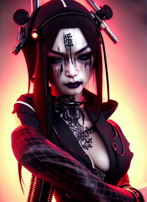 Image similar to soft lustrous ebony geisha seductive raver yakuza gothic cyborg cyberpunk gutter punk, decay, underworld, dark fantasy, dark art, highly detailed, digital painting, octane render, artstation, concept art, smooth, sharp focus, illustration, art by artgerm, loish, wlop