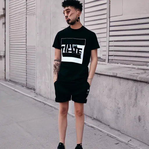 Image similar to person wearing'off - white'long t shirt and shorts with a different color stylish, hd, full body