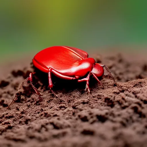 Prompt: a tiny world made of mud, there is a big red bug crawling in the middle, ambient light, beautiful photography