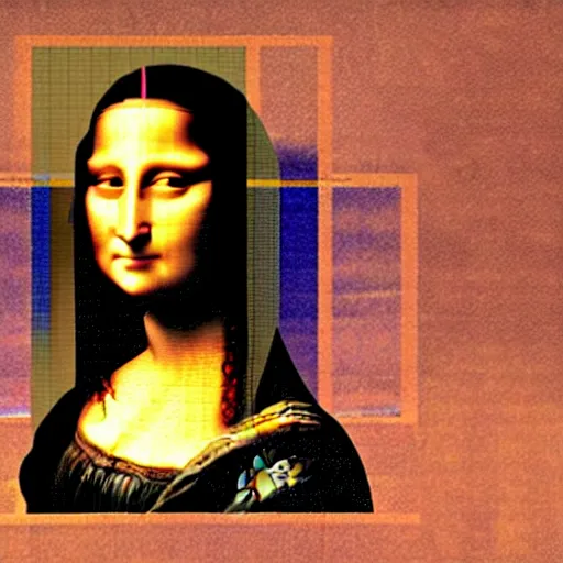 Image similar to highly realistic photo of mona lisa in the style of cyberpunk