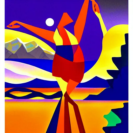 Image similar to woman woman danced by the river as the sun rose behind the mountains , high quality digital art in the style of cubism and georgia o’ keefe,