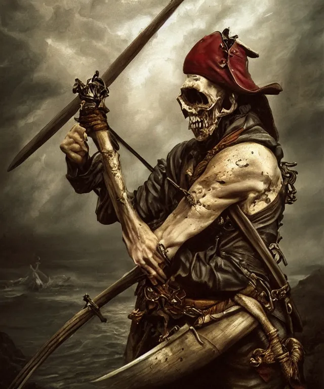 Prompt: ultra realistic color portrait painting of an undead 1 7 th century pirate with a sword in a grotto, dark, painted, brooding, atmospheric, seascape, horror, smooth, epic, highly detailed, cinematic, by keith parkinson