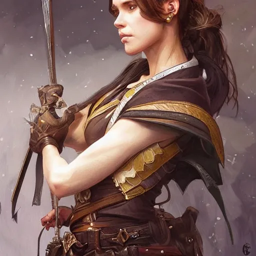 Image similar to portrait of a beautiful female ranger, upper body, D&D, fantasy, intricate, elegant, highly detailed, digital painting, artstation, concept art, smooth, sharp focus, illustration, art by artgerm and greg rutkowski and alphonse mucha