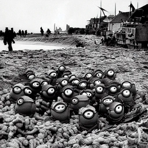 Image similar to “minions landing on D-Day, 4k, award winning”