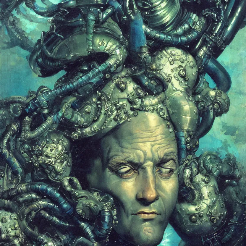 Prompt: baroque neoclassicist close - up portrait of an alien naval admiral, underwater with sea creatures in the background. iridescent textures. deep green and blue. highly detailed science fiction painting by norman rockwell, frank frazetta, and syd mead. rich colors, high contrast, gloomy atmosphere. trending on artstation and behance.