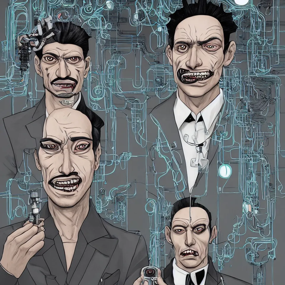 Image similar to A portrait of one! latino mad scientist male with cyborg face looking at the camera with a queasy smile!!, wearing a black suit under a white laboratory coat, in a mixed style of Botticelli and Æon Flux!!, inspired by Simon Stålenhag paintings, and cyberpunk!!!, stunningly detailed, stunning inking lines, flat colors, 4K photorealistic