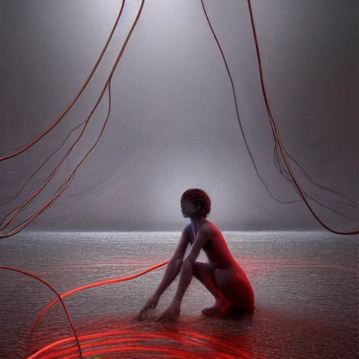Prompt: shore of the lake, woman, wrapped around by tubes and cables veins and nerves, bones, short black curly hair, glowing red, by edgar maxence and ross tran, zdzisław beksinski, un and michael whelan, distant, gustav dore, h. r. giger, 8 k, octane render