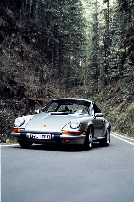 Prompt: Photo of a Porsche 911 Carrera 3.2 on a winding road through mountains and forests. Canon EOS 100, 28-80mm USM MkI, Ektachrome E100