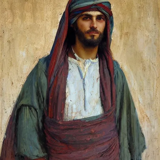 Prompt: Solomon Joseph Solomon and Richard Schmid and Jeremy Lipking Middle eastern genre painting portrait painting of a 17 year old handsome Mediterranean skinned man in colorful ancient Canaanite tunic, field background