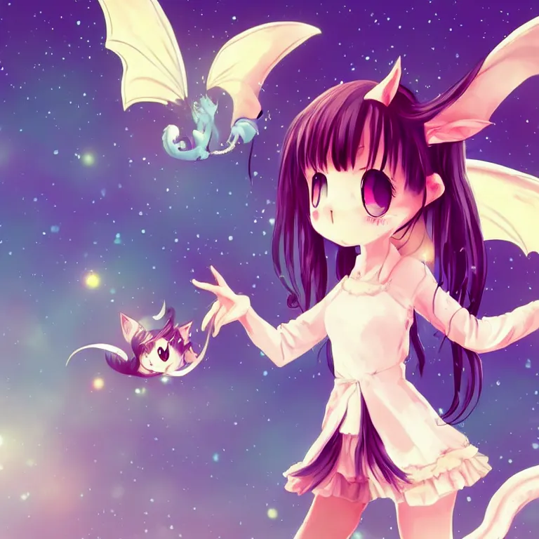 Image similar to cute, full body, female, anime style, a cat girl with fairy wings patting a dragon, large eyes, beautiful lighting, sharp focus, simple background, creative, heart effects, filters applied, illustration