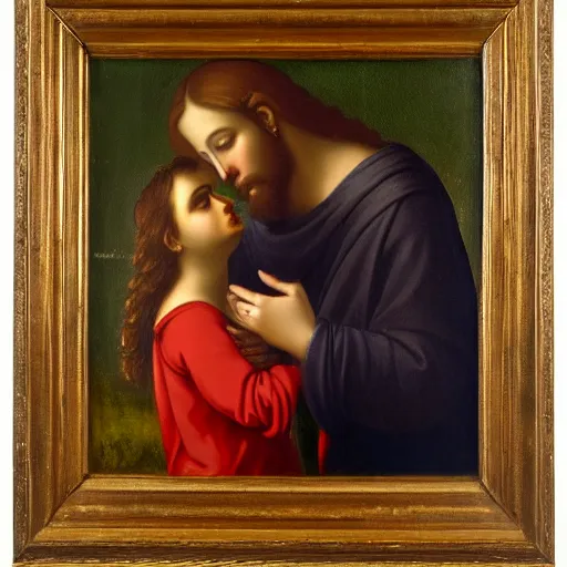 Image similar to an oil panting of a jesus kissing maria maddalena