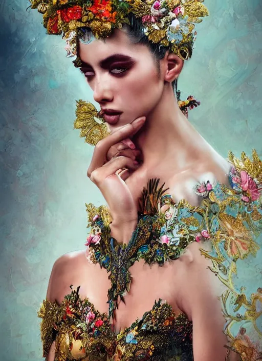 Image similar to expressive full body photo of a female model, ornate headpiece made from flowers, ornaments, glamour shot, by karol bak, by stefan gesell, photorealistic, canon r 3, fashion photography, detailed and intricate, perfect body shape, hyper maximalist, elegant, ornate, luxury, elite, environmental portrait, symmetrical features, octane render, unreal engine