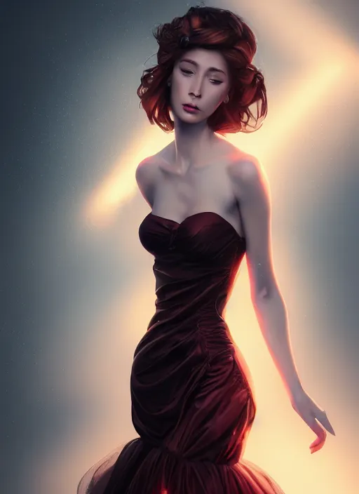 Image similar to beautiful fashion goddness, strapless dress, character portrait in the style of thomas river and artgerm, wlop, cinematic lighting, hyperdetailed, 8 k realistic, symmetrical, global illumination, radiant light, halo, love and mercy, frostbite 3 engine, cryengine, dof, trending on artstation, digital art, chanel