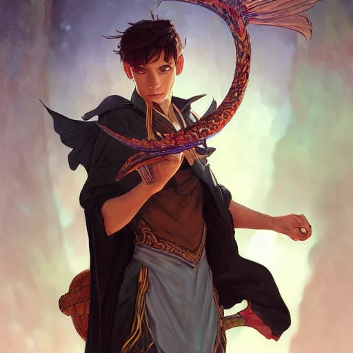 Image similar to a photorealistic male wizard teenager wearing wizard outfit, sharp focus, illustration, art by artgerm and greg rutkowski and alphonse mucha