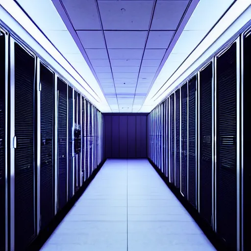 Image similar to synthwave server room, eerie, dark, very dark, movie still