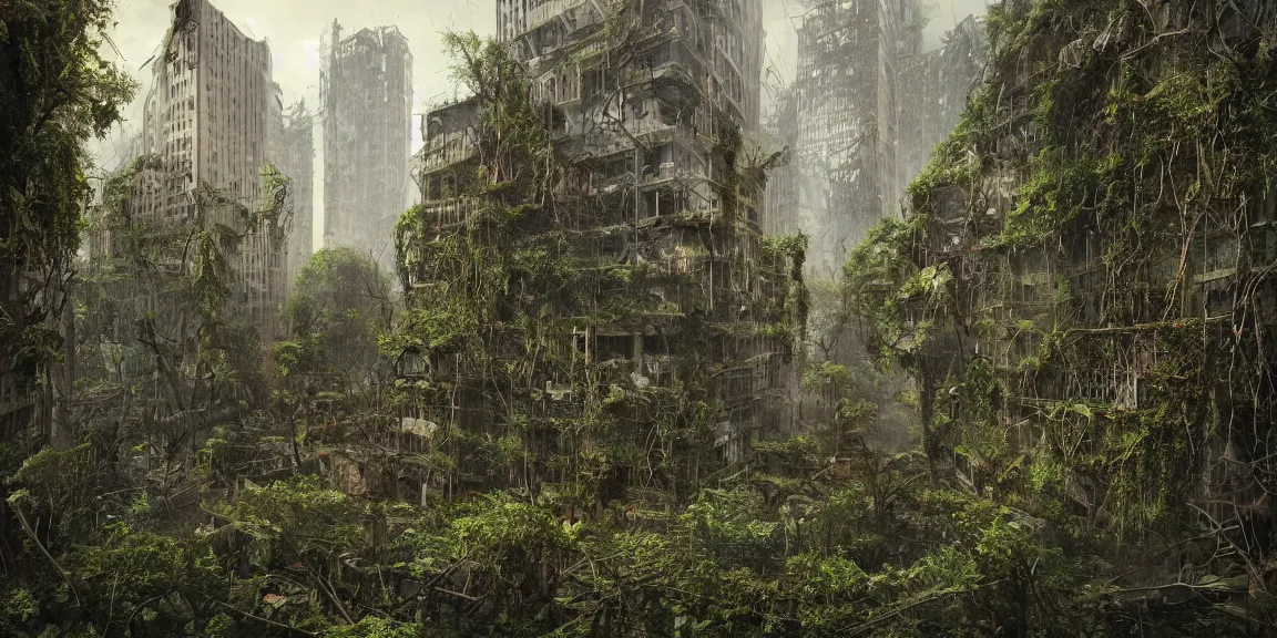 Prompt: An overgrown, swampy New York Ciy. Buildings covered in vines, gigantic trees from the ground. Trees such as Ailanthus. Crumbled ruins of skyscrapers and other buildings in a post-apocalyptic world. Life after People. Trending on Artstation, deviantart, worth1000. By Greg Rutkowski. National Geographic and iNaturalist HD photographs