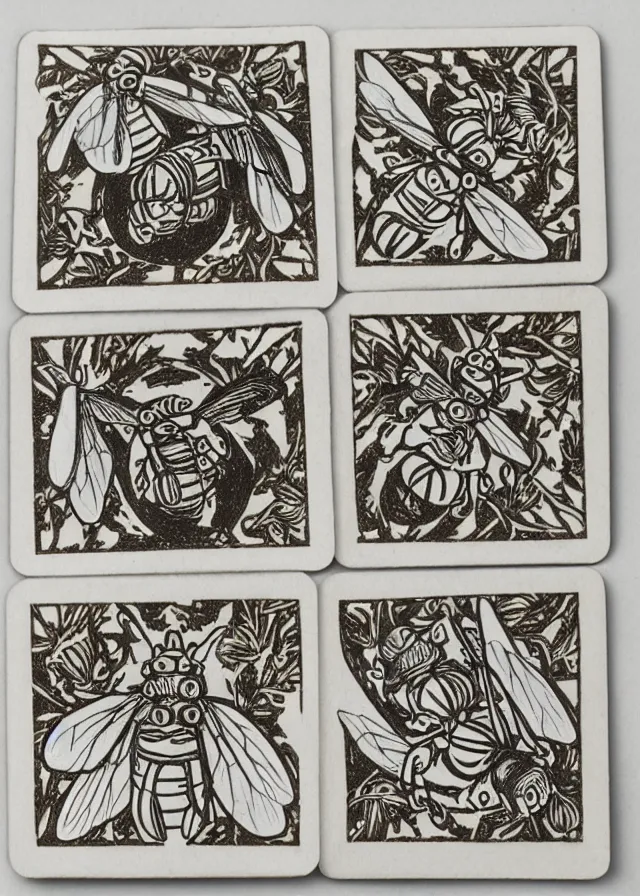 Image similar to 5 of bees, woodblock playing card