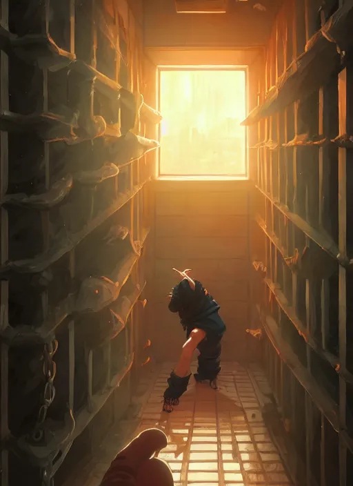 Image similar to highly detailed prison cell with naruto uzumaki with black hair, punching a wall, art by greg rutkowski, loish, rhads, ferdinand knab, makoto shinkai and lois van baarle, ilya kuvshinov, rossdraws, tom bagshaw, global illumination, radiant light, detailed and intricate environment