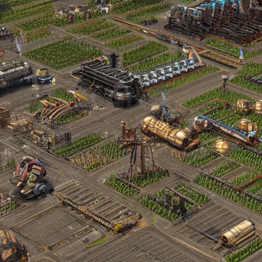 Image similar to realistic factorio, 4K HD city photography, aerial view, steampunk