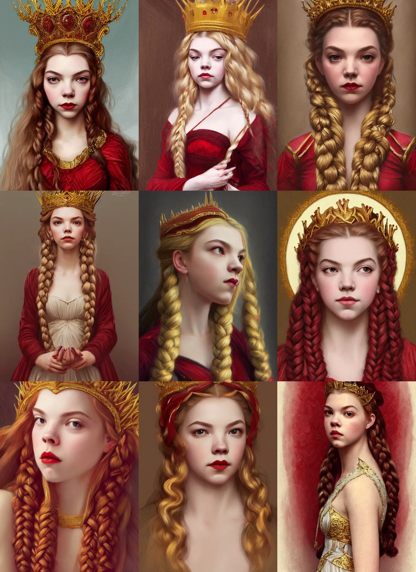 Prompt: portrait anya taylor-joy, long blond braided hair with golden crown, dark red and white clothes, intricate, elegant, highly detailed, artstation, concept art, smooth, sharp focus, illustration, bouguereau, rutkowski, mucha