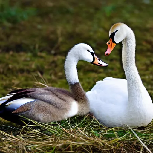 Image similar to a crossbreed of wild duck and a swan, with chicks, photo