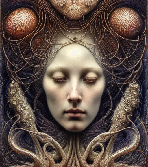 Image similar to detailed realistic beautiful opal goddess face portrait by jean delville, gustave dore, iris van herpen and marco mazzoni, art forms of nature by ernst haeckel, art nouveau, symbolist, visionary, gothic, neo - gothic, pre - raphaelite, fractal lace, intricate alien botanicals, biodiversity, surreality, hyperdetailed ultrasharp octane render