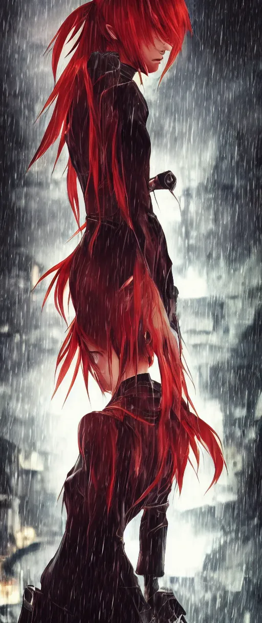 Image similar to asuka langley soryu in a dishonored town, dunwall city, advanced digital art, dishonored aesthetic, cinematic lighting, rainy weather, melancholy atmosphere, artstation, dunwall city, gothic architecture, volumetric light, octane render, dishonored game, dishonored 1, atmosphere or depression and despair, bokeh blur, anime character portrait