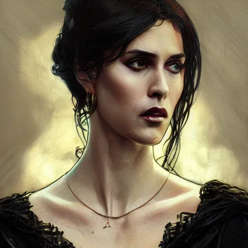 Prompt: Nicolas cage as a woman wearing a black dress, beautiful, intricate, highly detailed, digital painting, artstation, oppressive lighting, sci-fi concept art, sharp focus, illustration, art by greg rutkowski and alphonse mucha