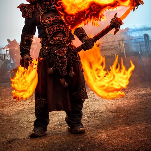 Image similar to ragnaros the firelord wielding burning skull as a mask, full body 8 k