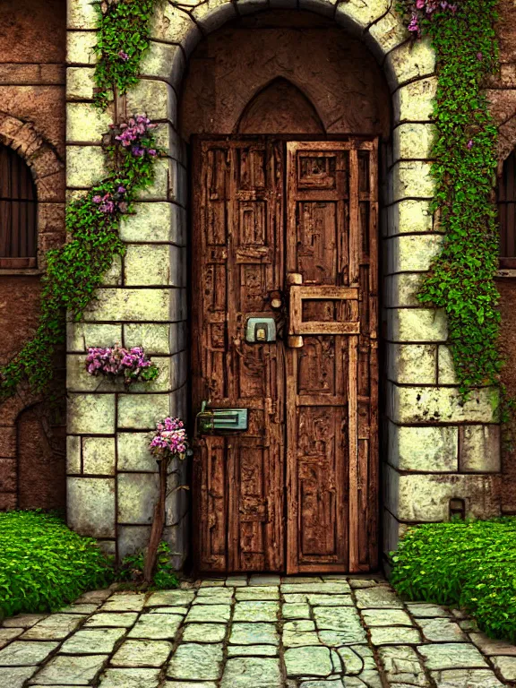 Prompt: professional digital art detailed old wood and rusted castle door entrance flowers with path outside cgsociety behance by Evgeny Lushpin