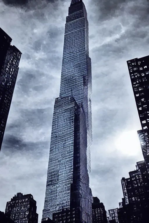 Image similar to A giant alien spaceship in the sky of New York, a photo taken on phone, photo taken from the ground, social media