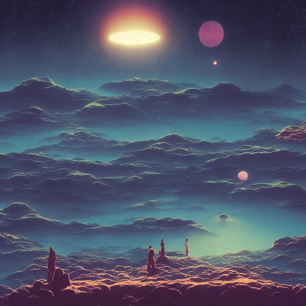 Prompt: a scifi multiverse scene in space of a spiritual being dreaming psychedelic hallucinations in cosmos, by kawase hasui, moebius, Edward Hopper and James Gilleard, Zdzislaw Beksinski, Steven Outram, black clouds, unreal engine, highly rendered, hd, 8k, artstation