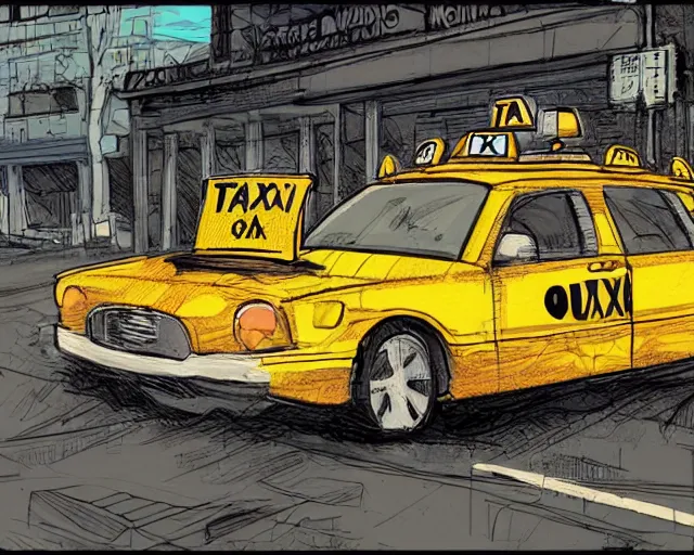 Prompt: a study of cell shaded cartoon of a taxi cab on a country road, side view, illustration, picture from behind, vibrant colors, post grunge, concept art by josan gonzales and wlop, by james jean, Victo ngai, David Rubín, Mike Mignola, Laurie Greasley, highly detailed, sharp focus, alien, Trending on Artstation, HQ, deviantart, art by artgem