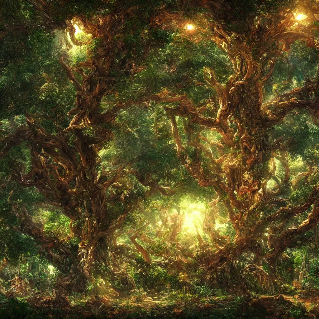 Image similar to fantasy tree of life in garden of eden, hd, hdr, cinematic 4k wallpaper, 8k, ultra detailed, high resolution, artstation