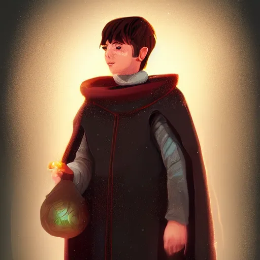 Prompt: A portrait of a young wizard in a dark cloak, he carries a snowglobe with humans trapped inside, emanating dimensional magic, artstation