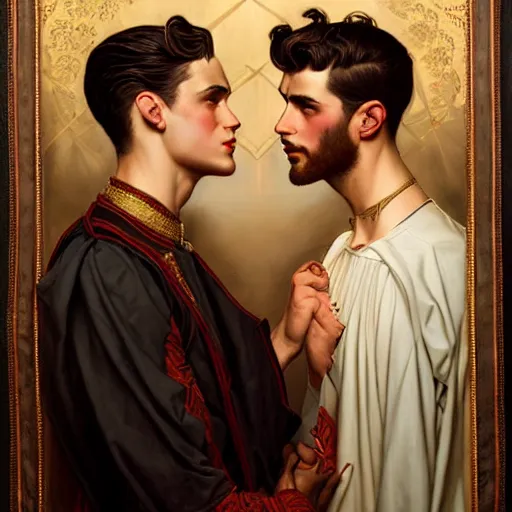 Image similar to attractive fully clothed king confesses his love for his attractive fully clothed male prince. highly detailed painting by j. c. leyendecker, tom bagshaw,