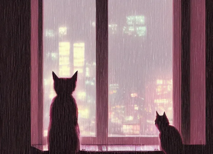 Prompt: back of cat sitting in front of a window looking out at a rainy cyberpunk city at night, cozy indoor lighting, greg rutkowski, alena aenami, artstation, detailed, digital painting
