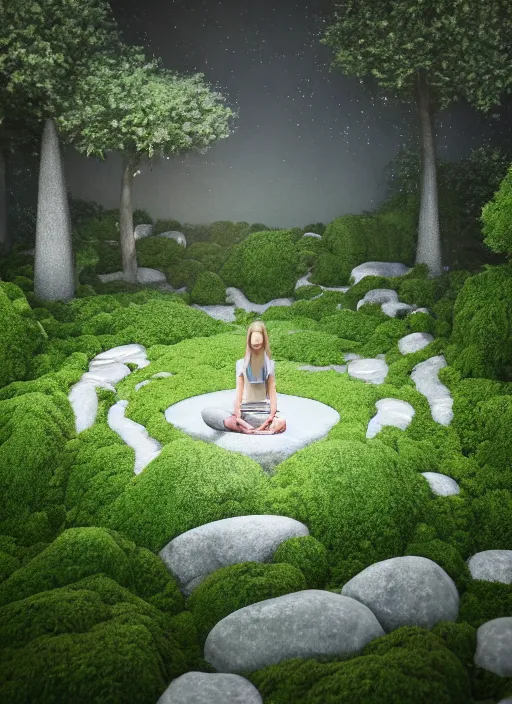 Image similar to hyper realistic render of a heavenly garden of peace, filled with trees, stone slab, flowers, moss, ferns, a girl meditating at a distance, trending on artstation, volumetric lighting, hyper realistic, hyper detailed, high quality render, blender guru