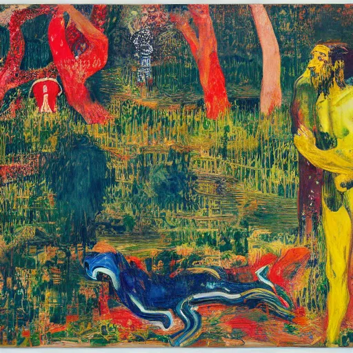 Prompt: a couple in the garden of eden, scared, painted by Asger Jorn, 8k, Peter Doig, abstract oil paint with thick brushstrokes of paint, ultra detailed, realistic, small spot of thick melting paint drips all over