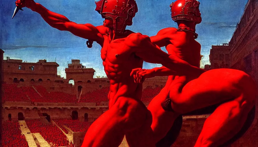 Prompt: only with red, a lightly armored gladiator in a crowded roman amphitheatre, crowd cheering, in the style of beksinski and edward hopper and rodcenko and yue minjun and rolf armstrong, intricate and epic composition, red by caravaggio, highly detailed, masterpiece, red light, artstation