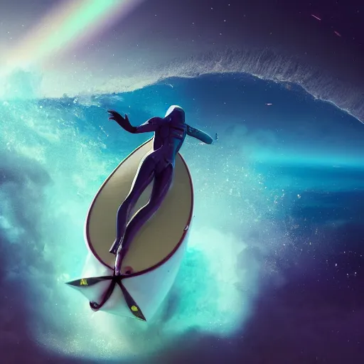 Image similar to photo of a alien surfing a surfboard on a crashing l wave of alien ocean in space, background is an alien galaxy, aliens in the background, alien colors, octane render, unreal engine, wide view, 8 k, high detaild