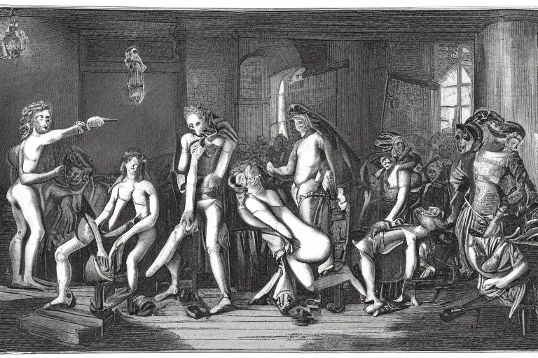 Prompt: 1 8 th century engraving illustrating a novel by the marquis de sade